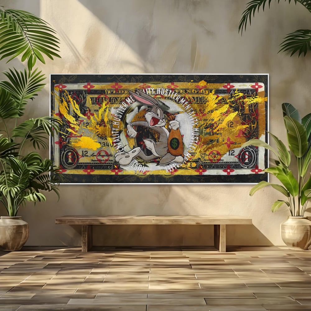 Tablou canvas cu tablou canvas cu dolar si bugs bunny, in rama de aluminiu argintiu